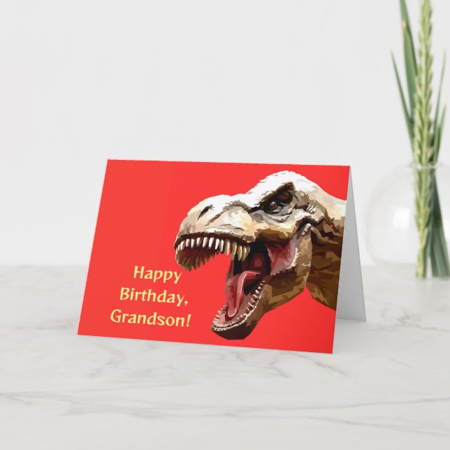 ROARING T-REX GRANDSON BIRTHDAY CARD TACK KORT (Framsida)