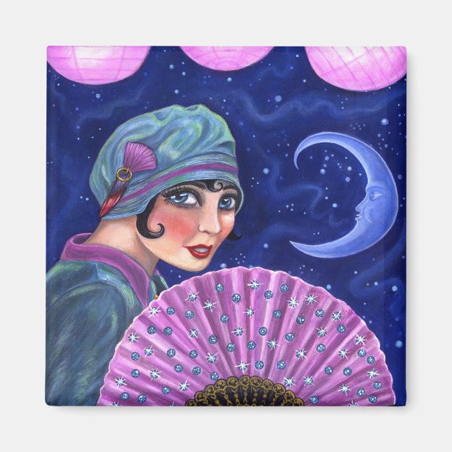 Roaring Twenties Flapper Girl Fläkt Måne Stars Magnet (Framsidan)