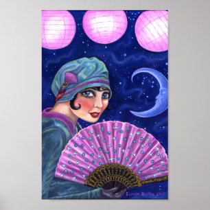 Roaring Twenties Flapper Girl Fläkt Måne Stars Poster