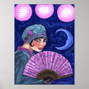Roaring Twenties Flapper Girl Fläkt Måne Stars Poster
