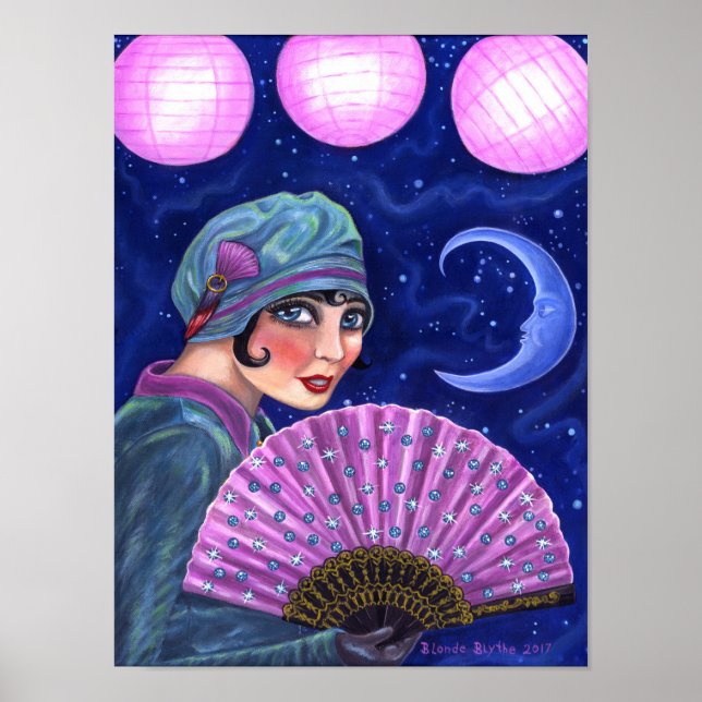 Roaring Twenties Flapper Girl Fläkt Måne Stars Poster (Framsidan)