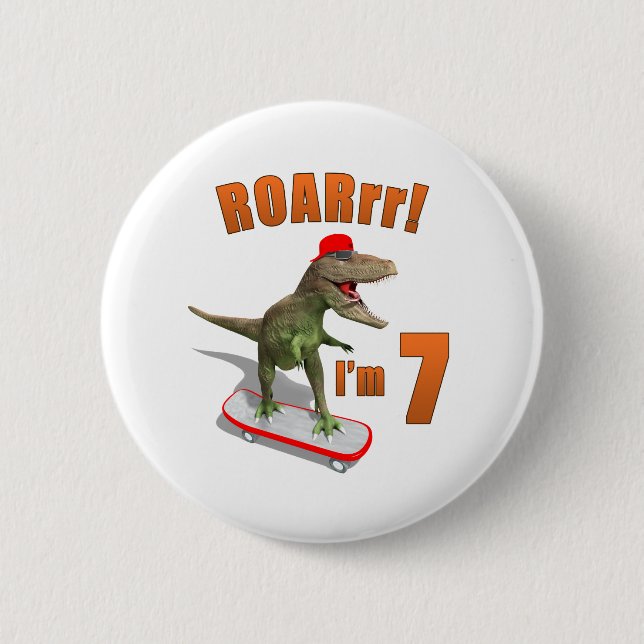 ROARrr I'm 7 Skateboarding T-Rex Kid Birdday Knapp (Framsida)