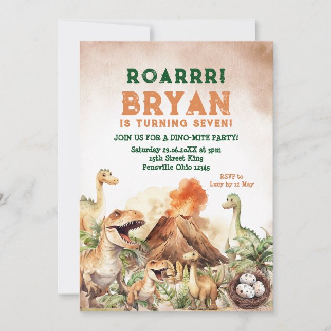 Roarrr Jurassic Dinosaur Boy Dino Birthday Party Inbjudningar (Framsida)