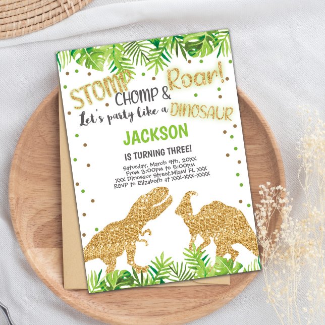 Roarsome Kids Party Card med Gnistra Inbjudningar (Glitter Dinosaurs Birthday Invitations)