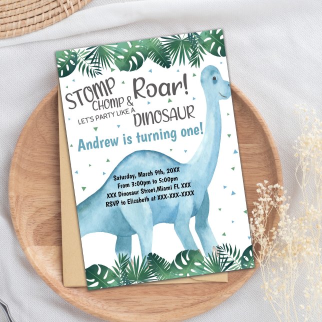 Roarsome Party Card for Boys or Girls Inbjudningar (Green Blue Dinosaur Birthday Invitations)