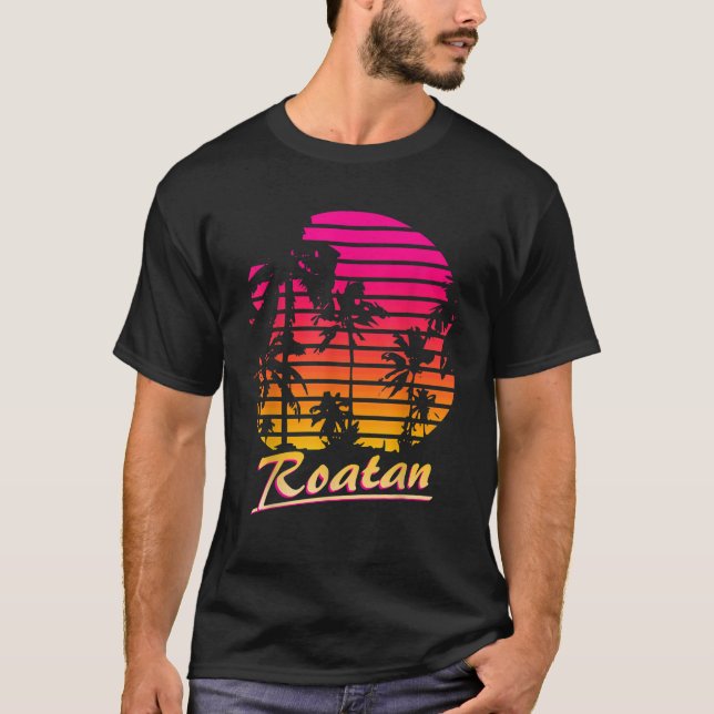 Roatan Coola 80-talet Handflatan Träd, sommartid T Shirt (Framsida)
