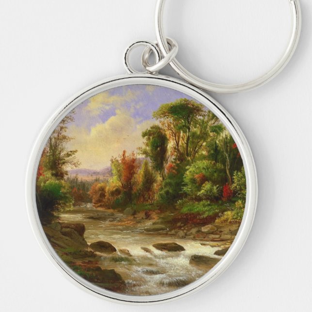Robert Duncanson för flod för höstnedgångskog öde Rund Silverfärgad Nyckelring (Framsidan)