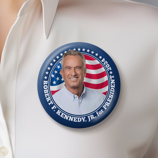 Robert F Kennedy JR RFK-foto och flagga 2024 Knapp (Kennedy 2024 Button)