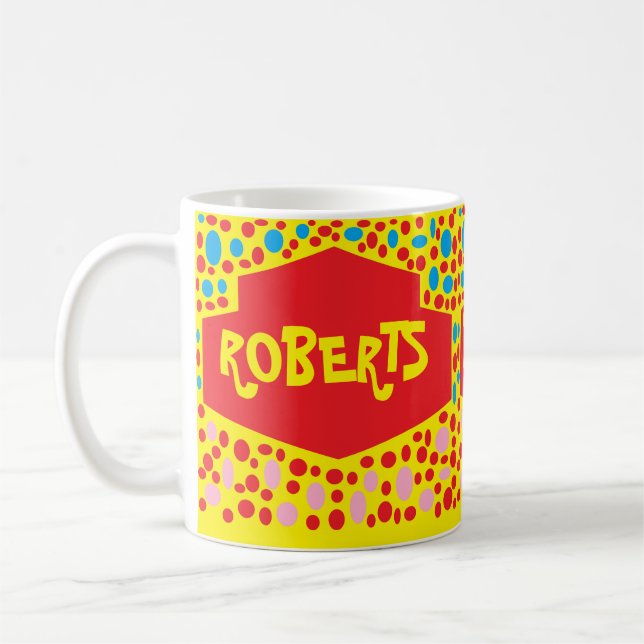 Roberts bäst med röd gult mönster och punkter kaffemugg (Vänster)