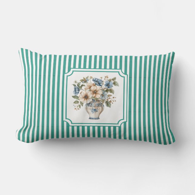 Robin Ägg Teal Vintage Botanisk Rand Lumbarkudde (Framsida)