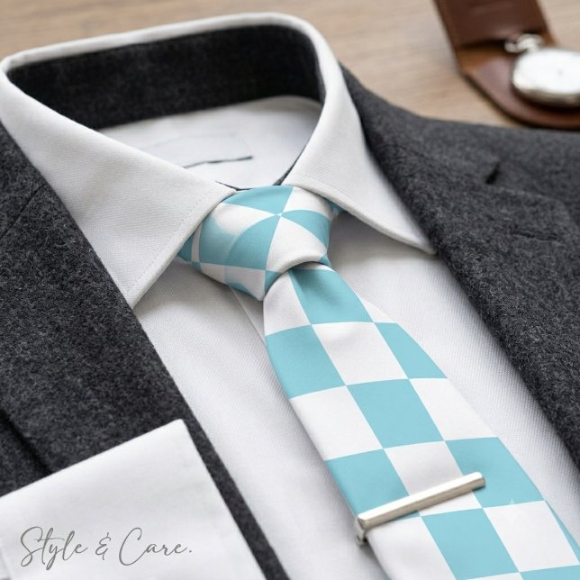 Robin Äggblå med Vitt Fyrkantigt Mönster Slips (Robin Egg Blue with White Square Pattern Neck Tie)