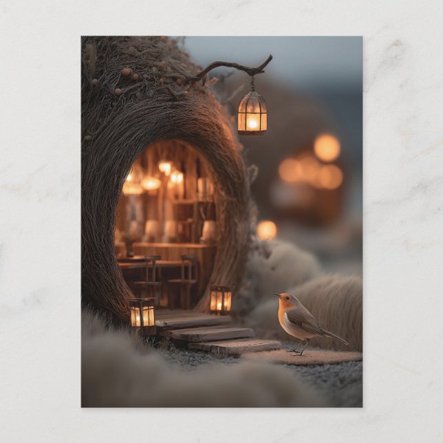 Robin and Glowing Fairy House in a Magical Forest Vykort (Framsida)