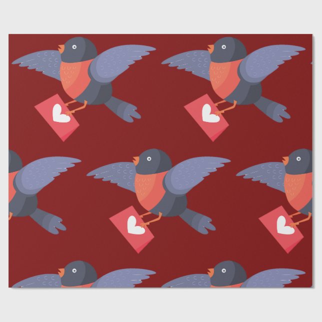 Robin Bird Flying with Red Heart Love Letter Presentpapper (Platt)