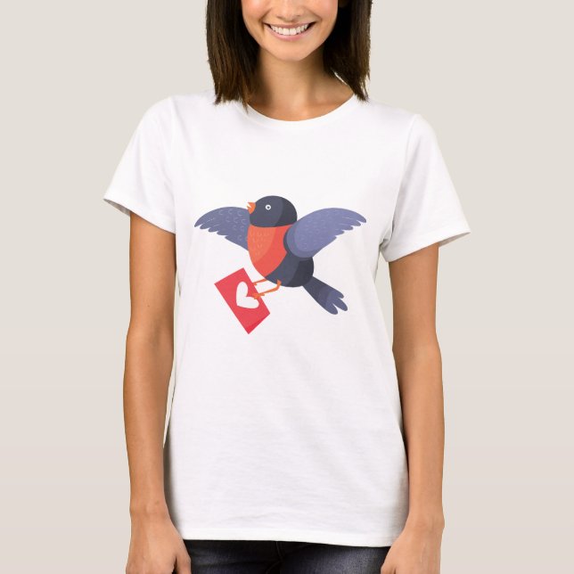 Robin Bird Flying with Red Heart Love Letter T Shirt (Framsida)