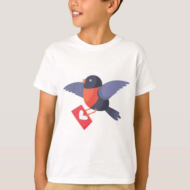 Robin Bird Flying with Red Heart Love Letter T Shirt (Framsida)