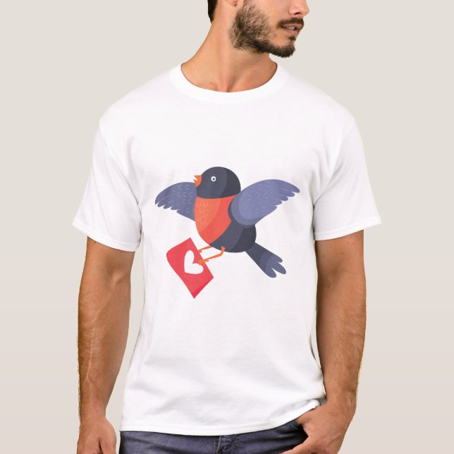 Robin Bird Flying with Red Heart Love Letter T Shirt (Framsida)