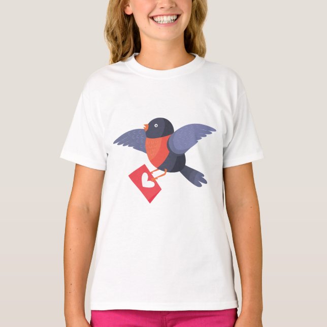 Robin Bird Flying with Red Heart Love Letter T Shirt (Framsida)