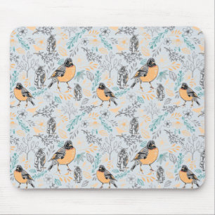 Robin Bird Mamma och Baby sommarbrood med blommor Musmatta