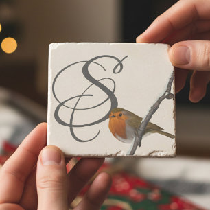 Robin Bird på Winter Gren Monogram Stone Underlägg