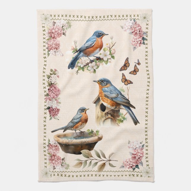 Robin Bird Peach Damask Kökshandduk (Vertikal)