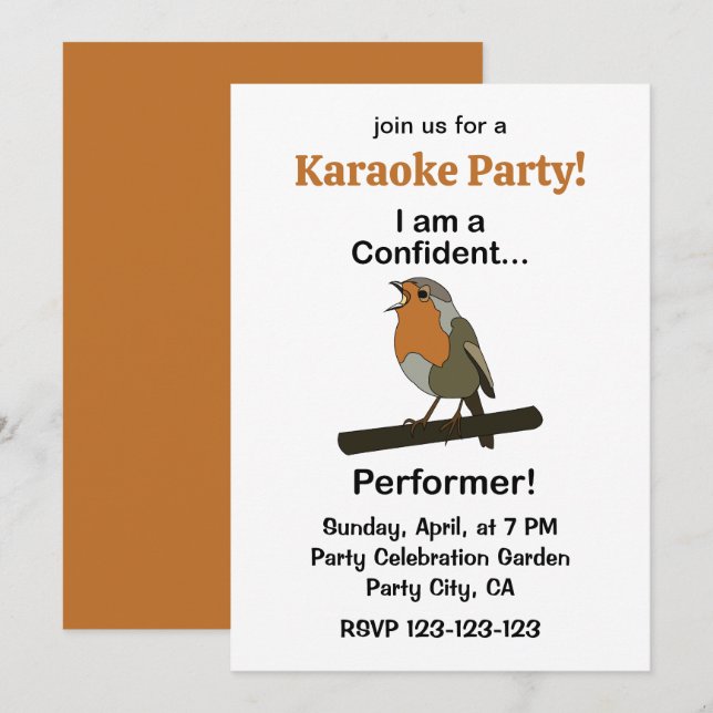 Robin Bird Självsäker Underhållare Rollig Karaokef Inbjudningar (Fram/baksida)