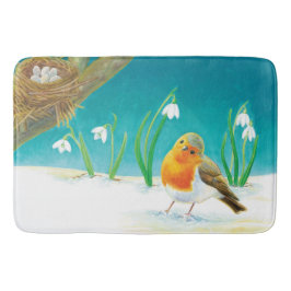 Robin Bird, snö och snödroppar Illustration Badrumsmatta