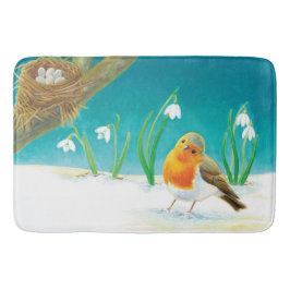 Robin Bird, snö och snödroppar Illustration Bath M Badrumsmatta