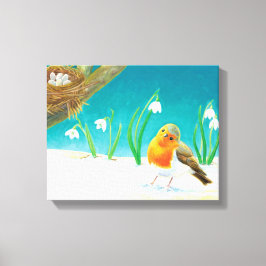 Robin Bird, snö och snödroppar Illustration Canvastryck