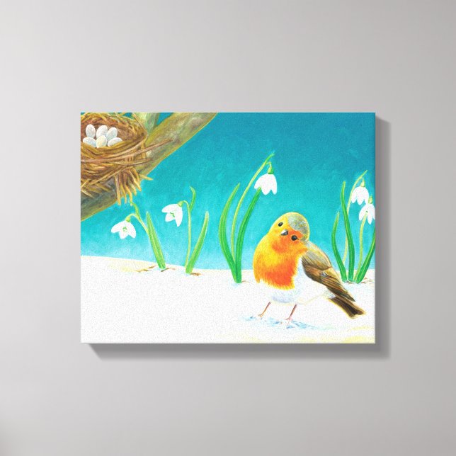 Robin Bird, snö och snödroppar Illustration Canvastryck (Framsida)