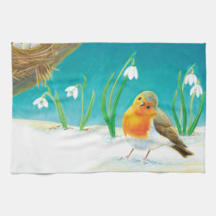 Robin Bird, snö och snödroppar Illustration Kökshandduk