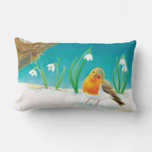 Robin Bird, snö och snödroppar Illustration Lumbarkudde