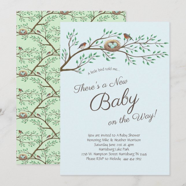 Robin Bird Vår Baby Shower Co-Ed Gender Neutral Inbjudningar (Fram/baksida)