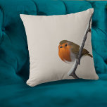 Robin Bird Winter Gren Natural Dekorativ kudde<br><div class="desc">En brittisk robin satt på en snövinter gren på denna bikudde. Du kan ändra bakgrundens färg genom att trycka på knappen för att anpassa den till kostym på din hemmadekoration.</div>