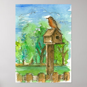 Robin Birdhouse Land Watercolor Landcape Poster