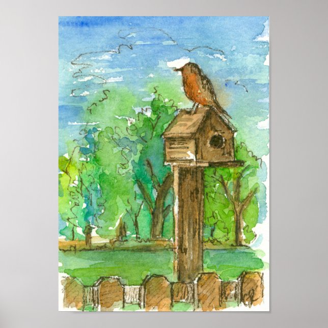 Robin Birdhouse Land Watercolor Landcape Poster (Framsidan)