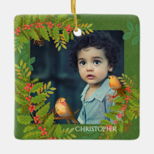 Robin Birds Holly Berry Photo Grönt Julgransprydnad Keramik