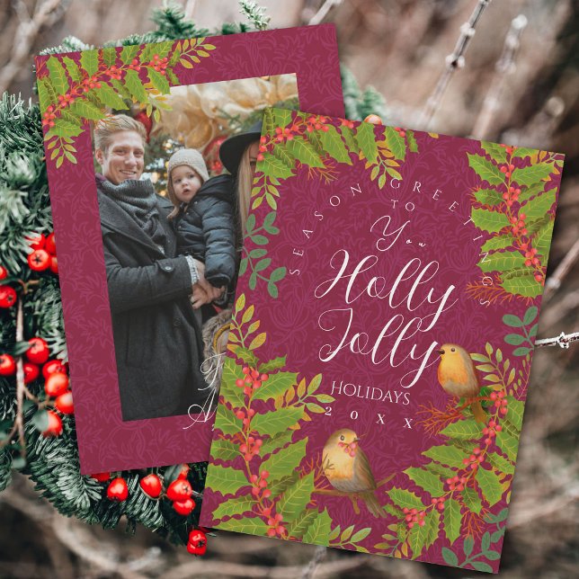 Robin Birds Holly Berry Photo Vin Julkort (Robin Birds Holly Berry Photo Design.)