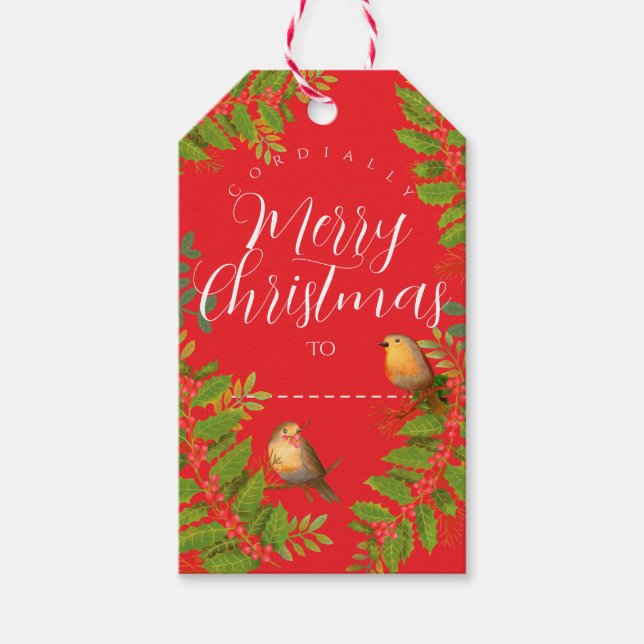 Robin Birds Holly Berry Red Presentetikett (Framsidan)