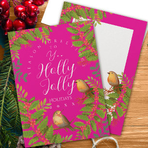 Robin Birds Holly Berry Shock rosa Julkort