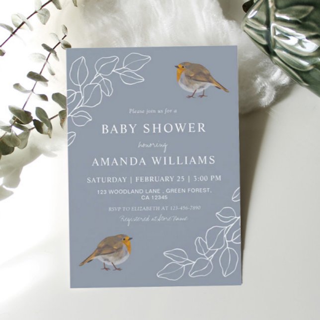 Robin Botanical Dusty Blue Baby Shower Inbjudningar (Skapare uppladdad)