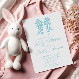 Robin Egg Blå och Vit Rutig Baby Shower med Rosett Inbjudningar