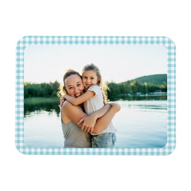 Robin Egg Blue Gingham Plaid Family Photo Magnet (Horisontell)