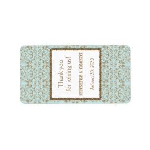 Robin Egg Blue Guld Damask Wedding Lip Balm-etiket Adressetikett