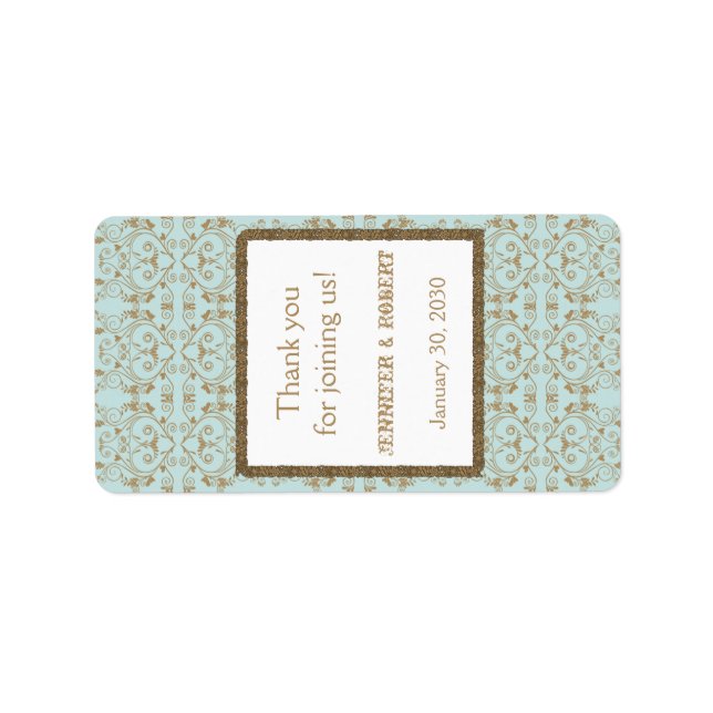 Robin Egg Blue Guld Damask Wedding Lip Balm-etiket Adressetikett (Framsidan)