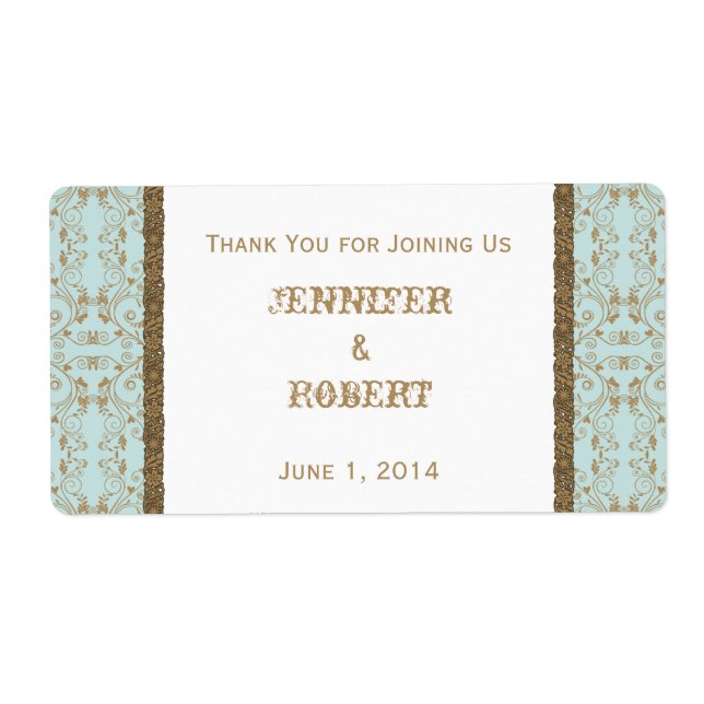 Robin Egg Blue och Guld Damask Wedding Vatten Fraktsedel (Framsidan)