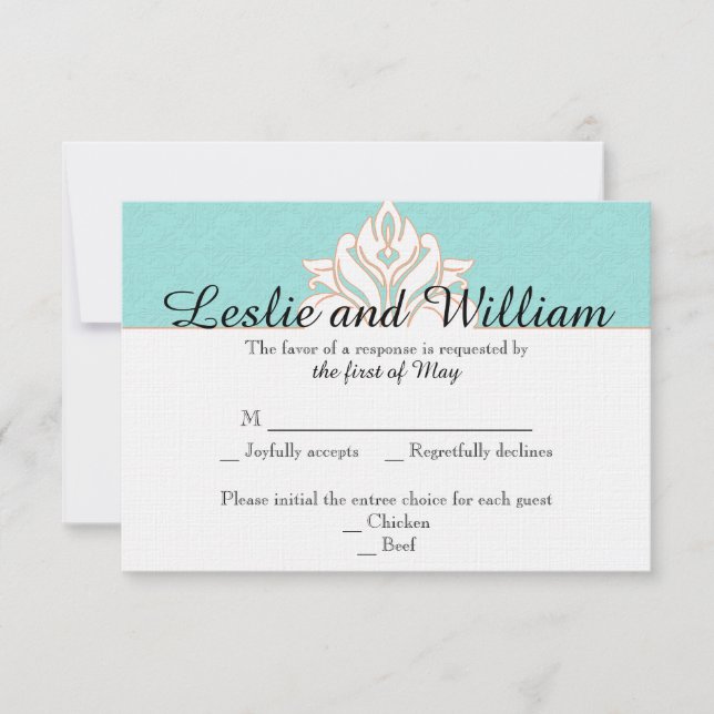 Robin Egg Blue Orange Damask Wedding ResponCard OSA Kort (Framsida)