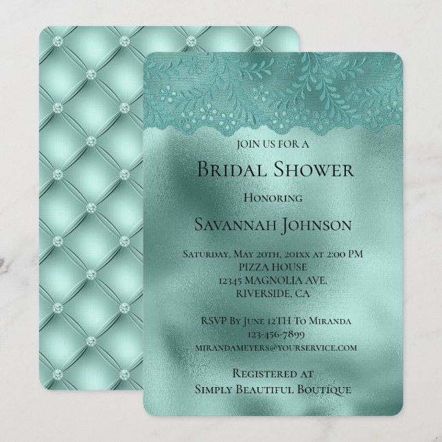 Robin Egg Grönt Snöre och Diamonds Möhippa Inbjudningar (Fram/baksida)