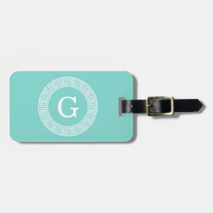 Robin Egg Wht Grekiska Nyckel Rnd Ram Initial Mono Bagagebricka