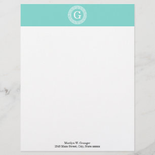 Robin Egg Wht Grekiska Nyckel Rnd Ram Initial Mono Brevhuvud