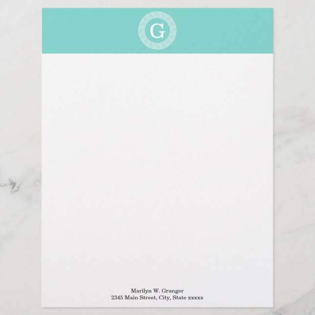 Robin Egg Wht Grekiska Nyckel Rnd Ram Initial Mono Brevhuvud (Framsida)